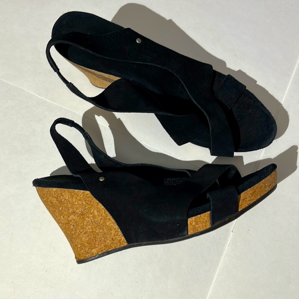 Ugg Austrailia leather slingback heels pumps espadrilles shoes black sz 9 wedges